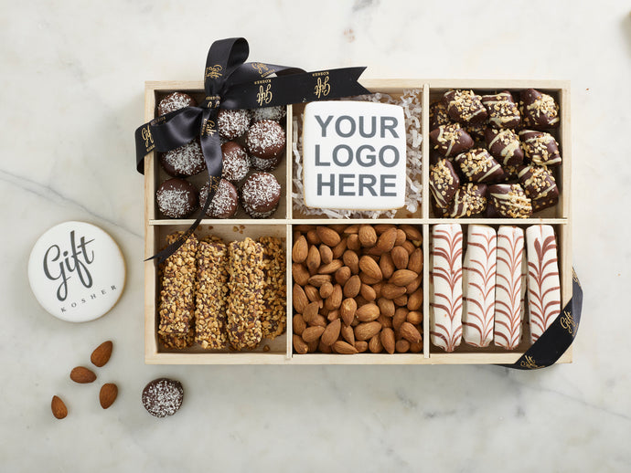 6-section chocolate and nut gift tray with custom logo cookie for corporate gifting