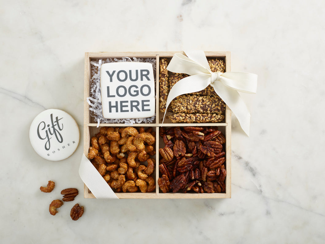 Classic chocolate and nut gift tray with custom logo cookie for corporate gifting.