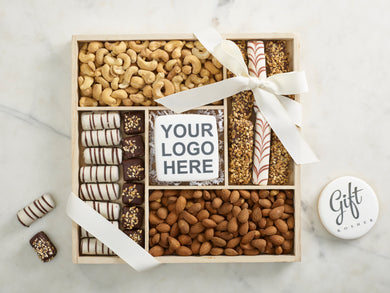 Elegant kosher gourmet tray with custom logo cookie, nuts, and chocolates for clients and holidays.