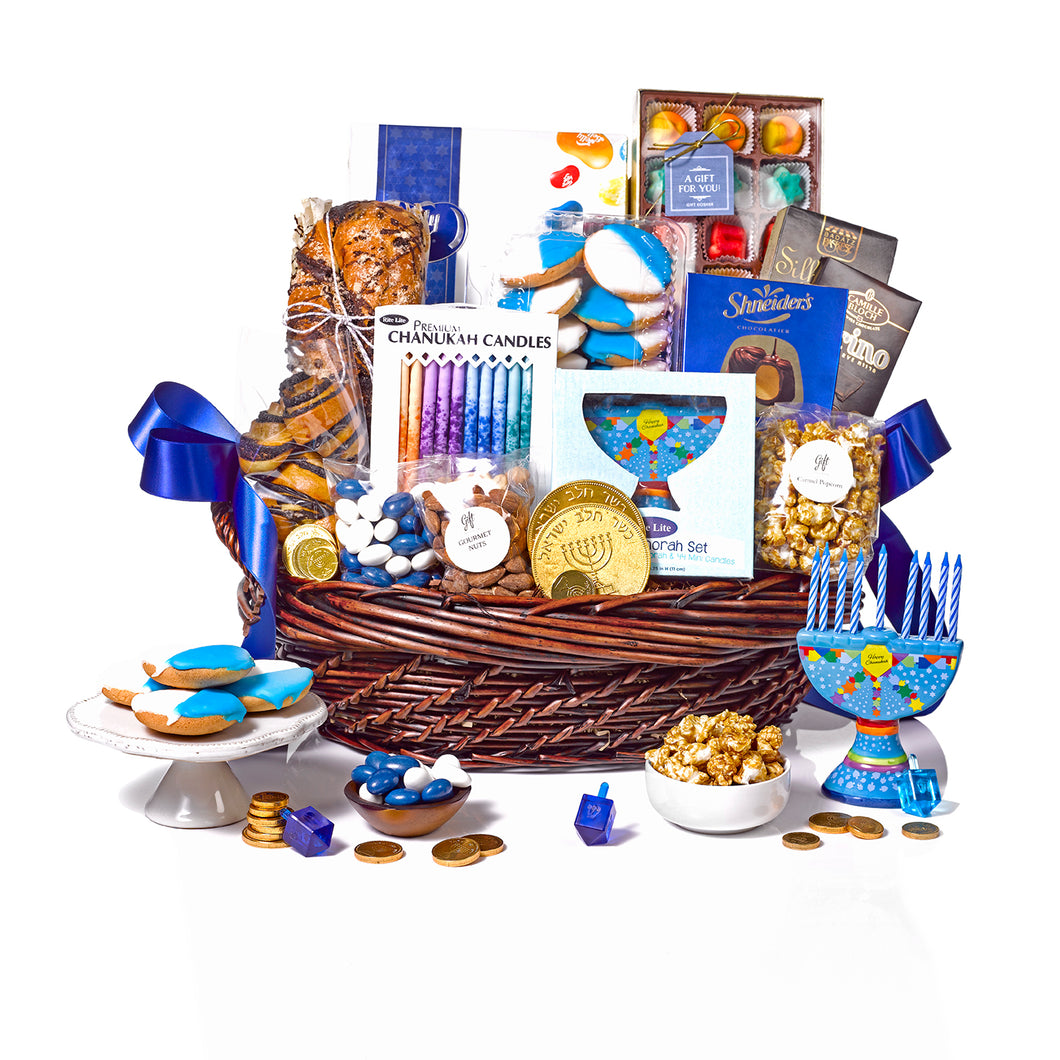 Abundant Hanukkah Gift Basket by Gift Kosher includes wooden basket and colorful chocolates, bakes good, and more