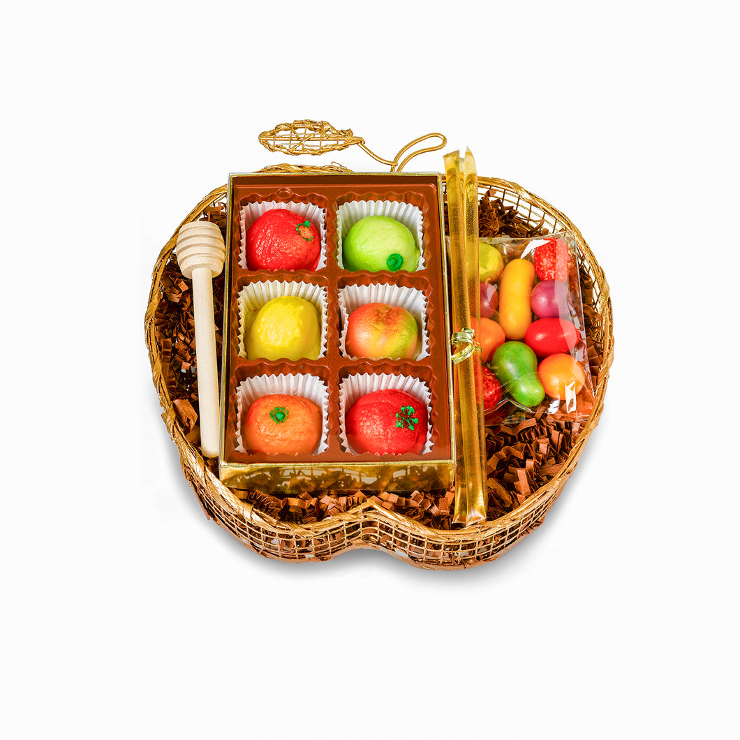 New Year sweet gift fruit themed wooden container contains honey dipper, colorful fruit marzipan 