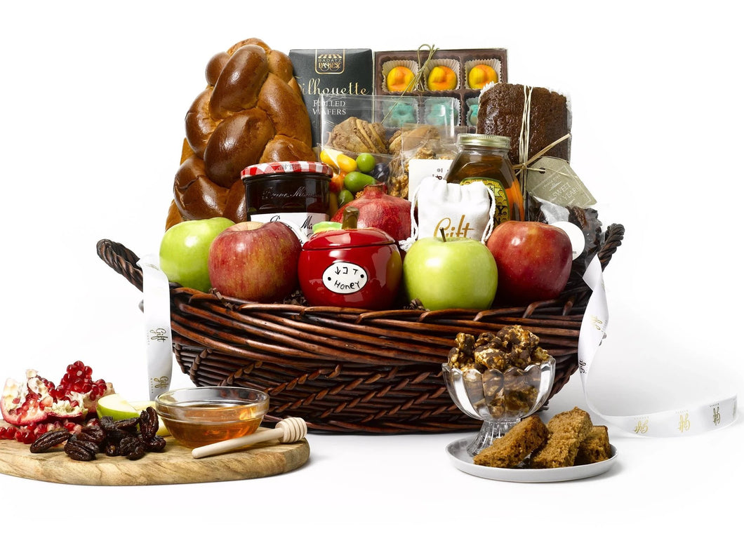 Abundant Rosh Hashanah Gift Basketinlcudes red and green kosher apples, chocolates, baked goods