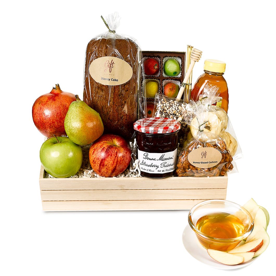 Rosh Hashanah Apple & Honey Wooden Crate includes honey cake, kosher apples, jam, and bottle of honey