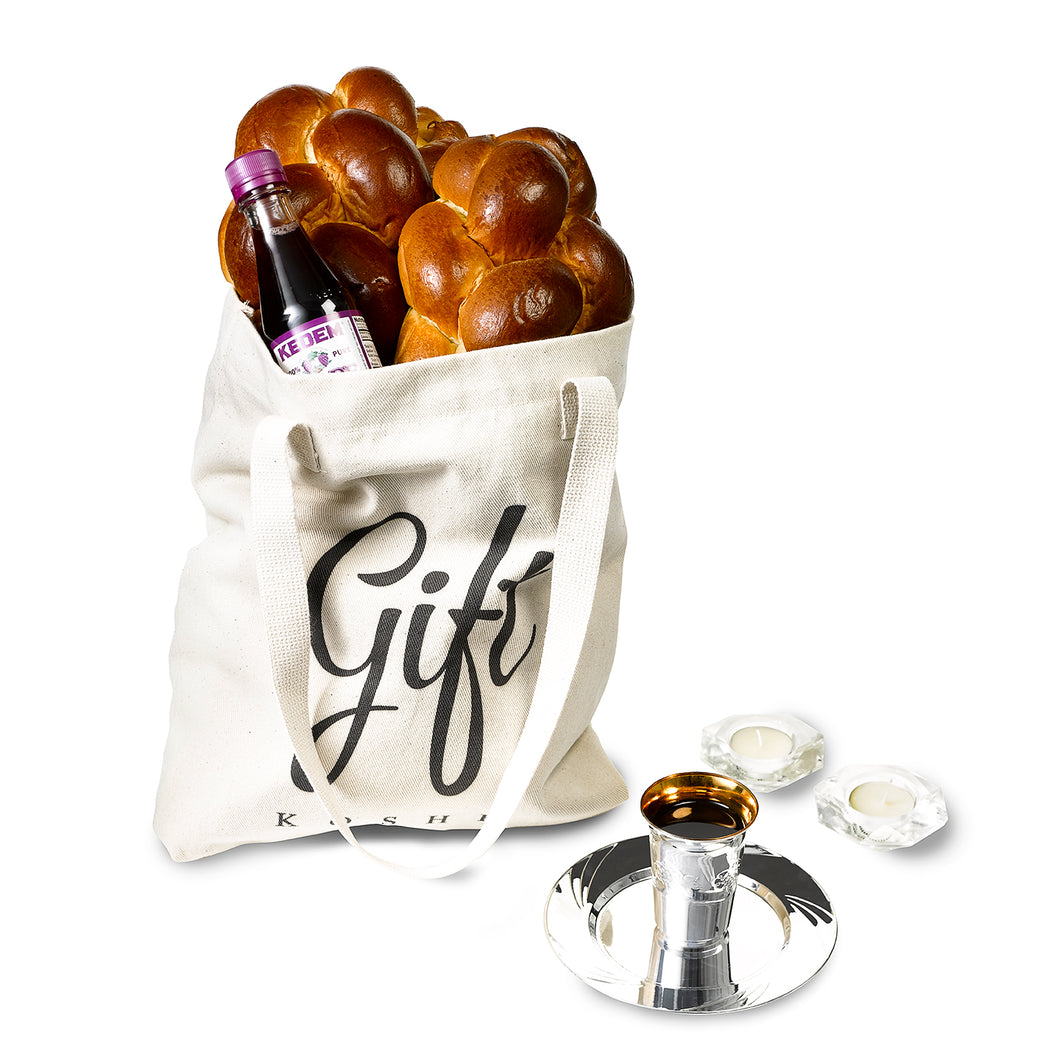 Shabbat essentials in a Gift Kosher tote bag
