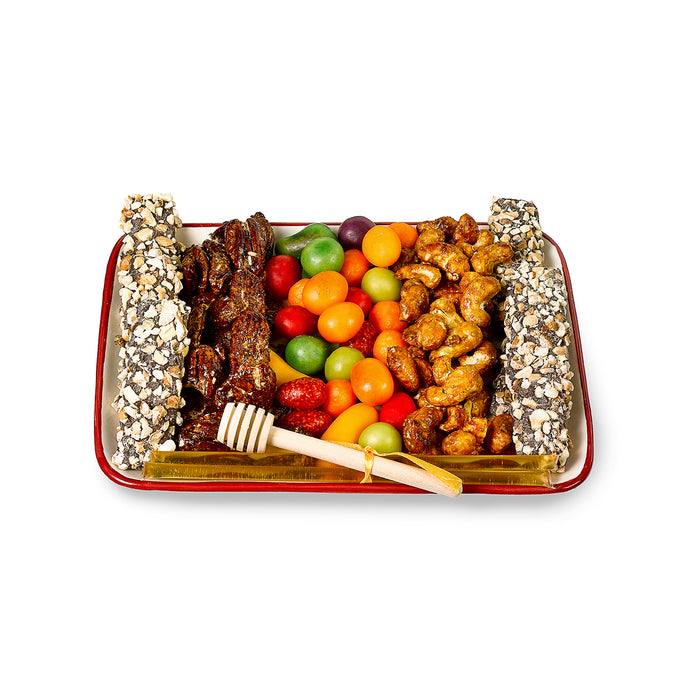 Rosh Hashana ceramic apple & honey tray filled with candies & Nuts by Gift Kosher
